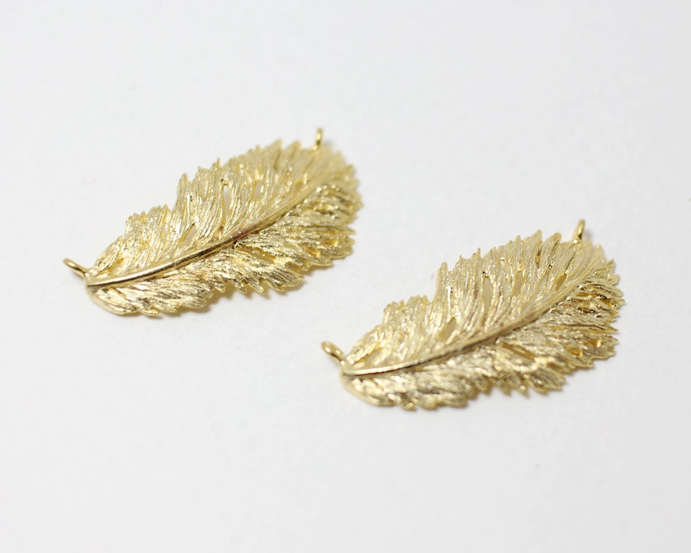 [P0011]2pcs/Feather Pendant Connector/Brass/Matte Gold/24x 13mm