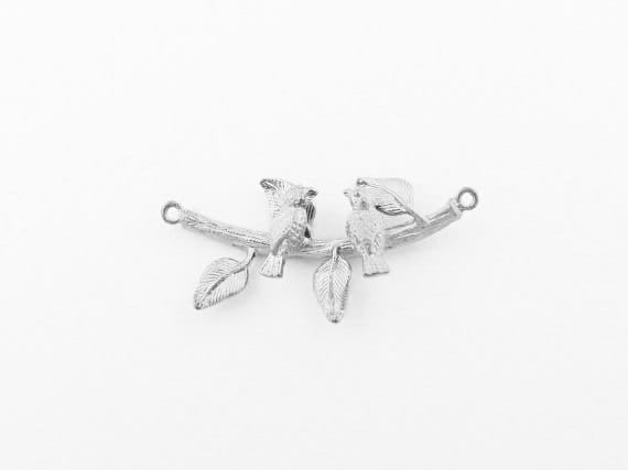 [P0125]2pcs/Two sparrows on branch Pendant/Brass/Matte Rhodium/18x30mm