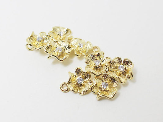 [P0141]2pcs/4 Flowers connector+cz pendant/Brass/Gold/14 x22mm