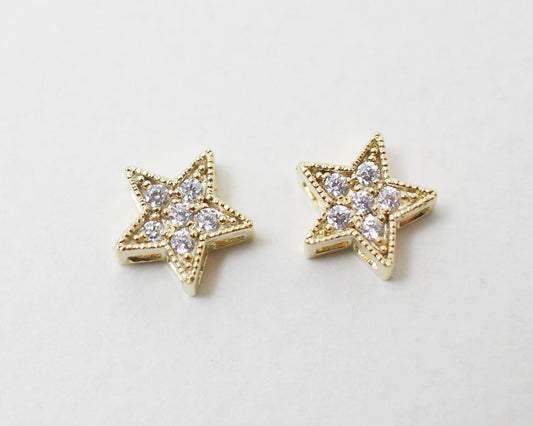 [P0151]2pcs/Chubby Star Bead Connector+ CZ/Brass/Gold/8 x8mm