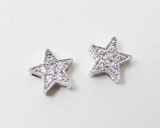 [P0151]2pcs/Chubby Star Bead Connector+ CZ/Brass/Rhodium/8 x8mm