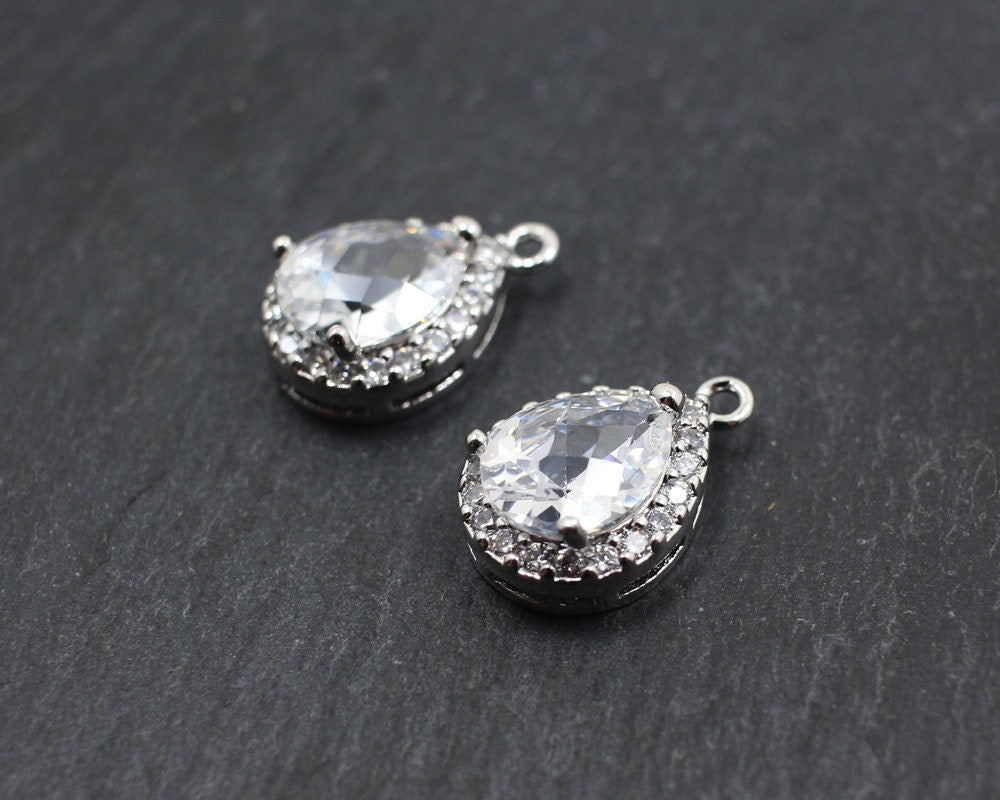 [P0156]2pcs/Cubic Zircon Bezel Setting Drop Pendant/Brass/Rhodium/17 x11.5mm