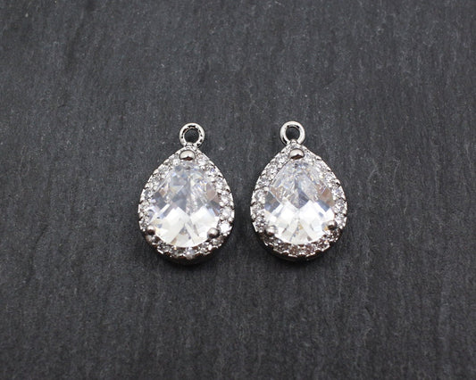 [P0156]2pcs/Cubic Zircon Bezel Setting Drop Pendant/Brass/Rhodium/17 x11.5mm