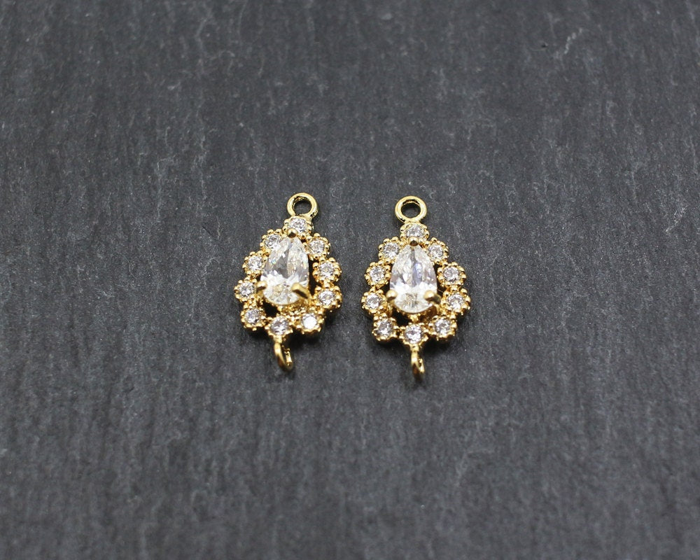 [P0160]2pcs/Dainty drop motivated Cubic Zircon Connector/Brass/Gold/13.5x7mm