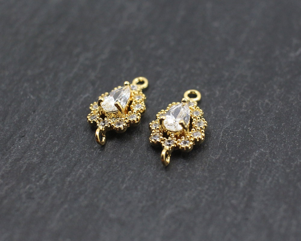 [P0160]2pcs/Dainty drop motivated Cubic Zircon Connector/Brass/Gold/13.5x7mm