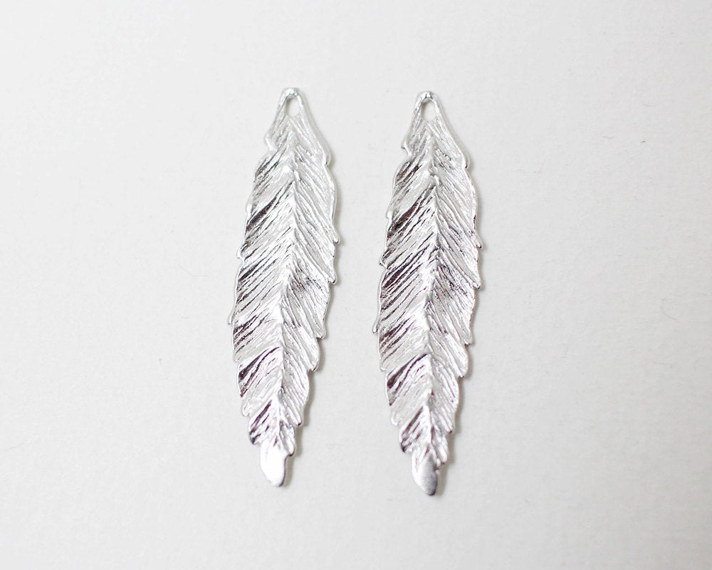 [P0176]2pcs/Long Leaf Pendant/Brass/Matte Rhodium/59 x 12 mm