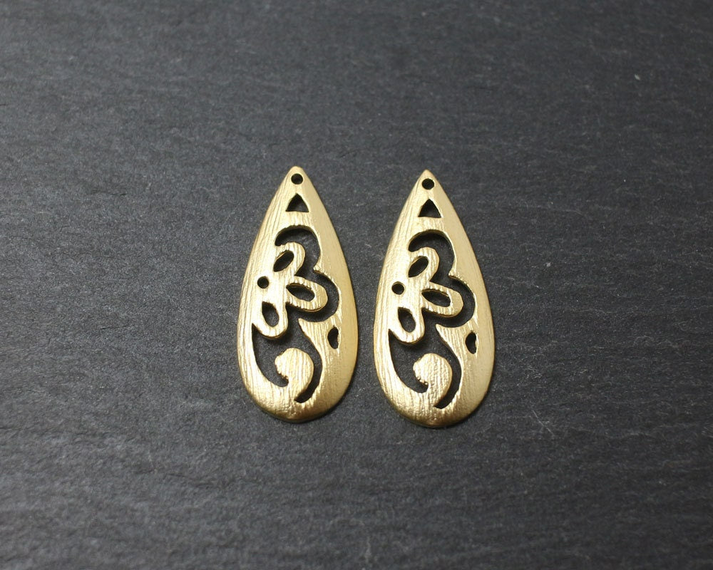 [P0184]2pcs/Patterned drop pendant/Brass/Matte Gold/25x10mm