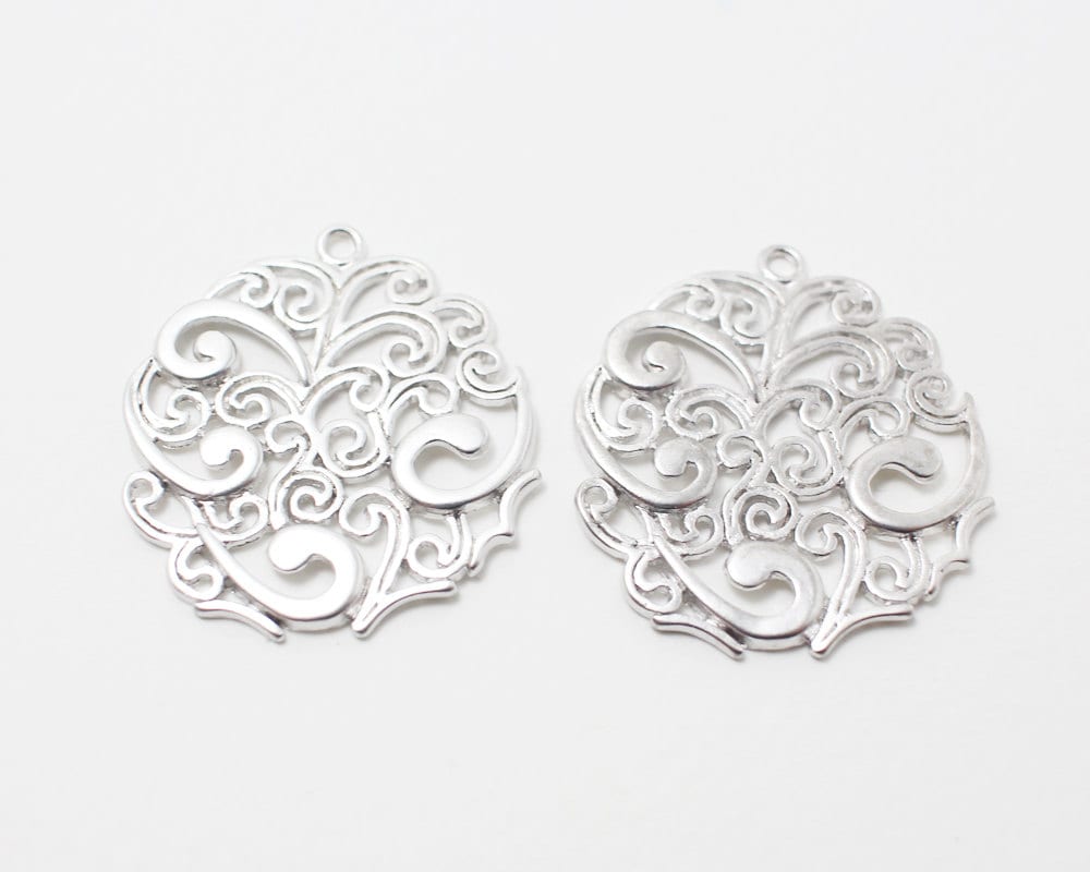 [P0201]2pcs/Round Paisley Pendant/Brass/Matte Rhodium/25x27mm