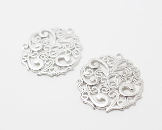 [P0201]2pcs/Round Paisley Pendant/Brass/Matte Rhodium/25x27mm