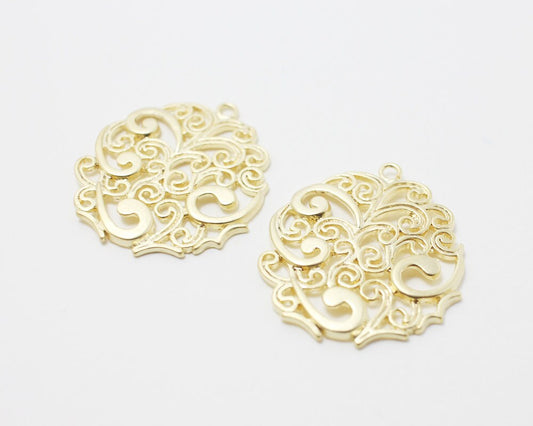 [P0201]2pcs/Round Paisley Pendant/Brass/Matte Gold/25x27mm