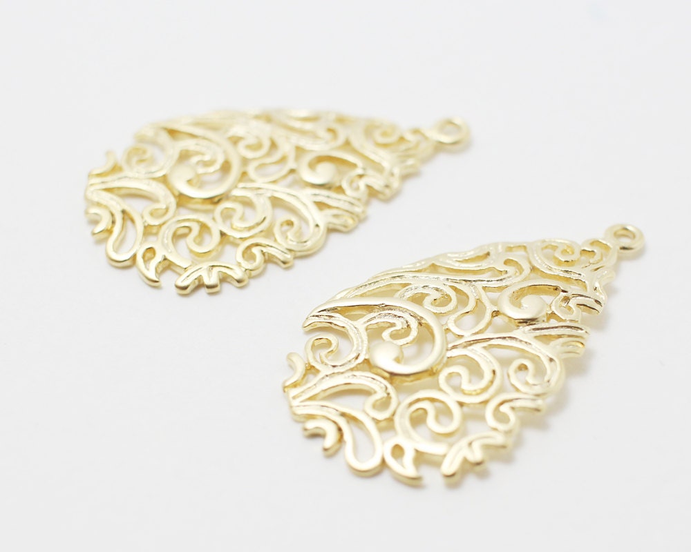 [P0202]2pcs/Paisley Carved Drop Pendant/Brass/Matte Gold/15x25mm