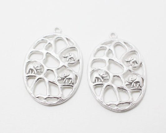 [P0205]2pcs/Ellipse Three Elephants Pendant/Brass/Matte Rhodium/23x31mm