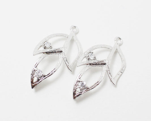 [P0208]2pcs/Three leaves with CZ Pendant/Brass/Rhodium/29x15mm