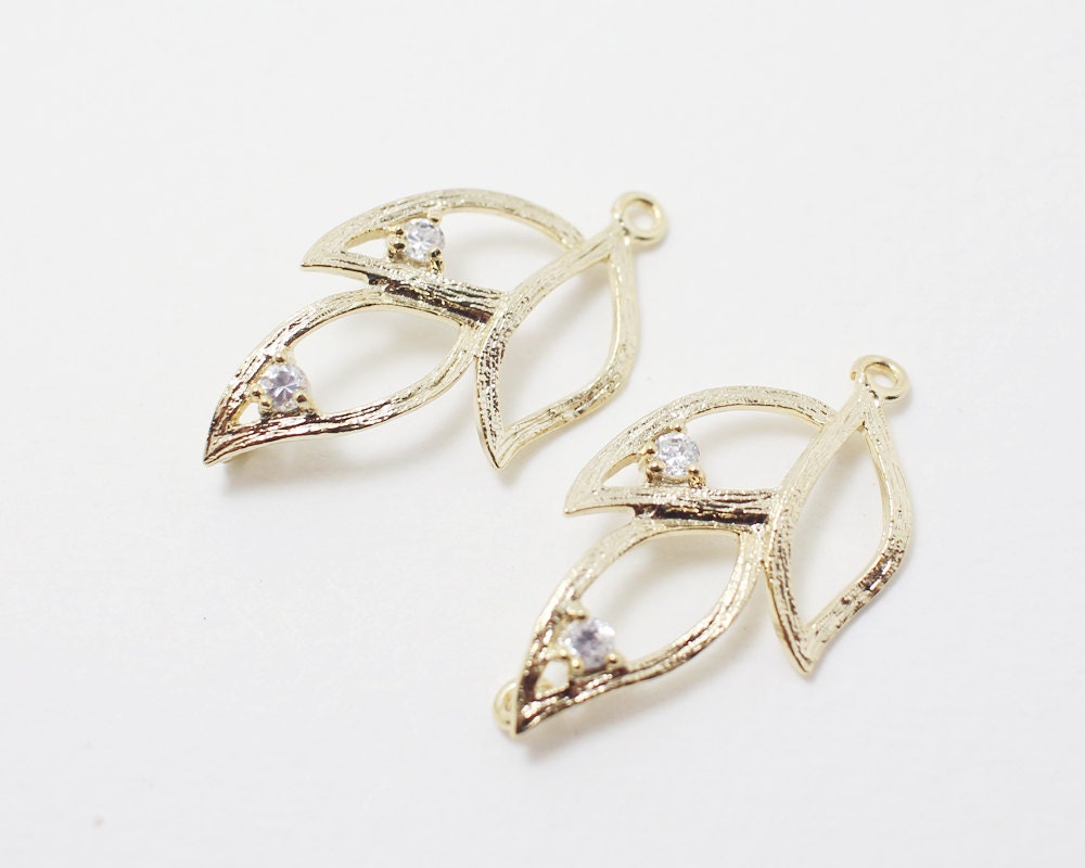 [P0208]2pcs/Three leaves with CZ Pendant/Brass/Gold/29x15mm