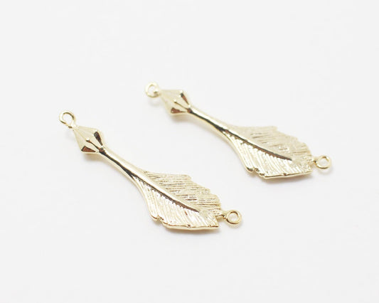 [P0209]2pcs/Pendulum End Feather Connector/Brass/Matte Gold/24x7mm