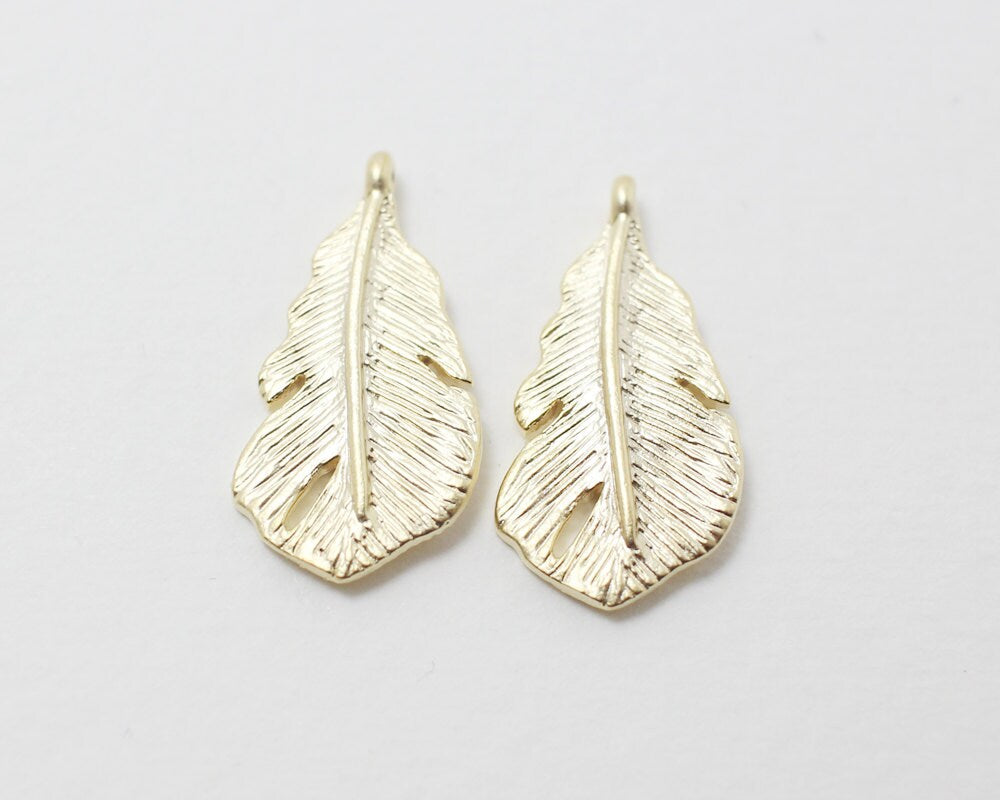 [P0210]2pcs/Feather Pendant/Brass/Matte Gold/20x10mm