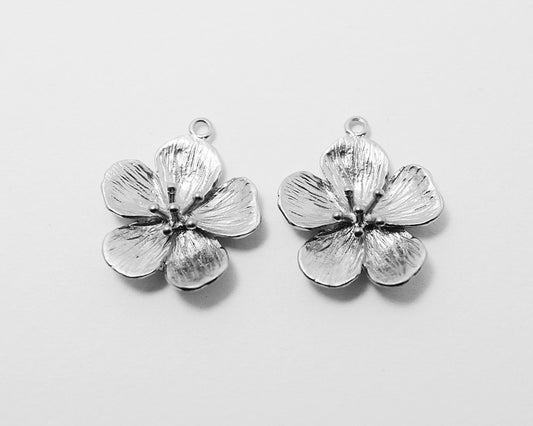 [P0217]2pcs/Cherry Blossom Pendant Connector/Brass/Matte Rhodium/18.4 x 21mm