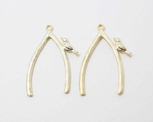 [P0236]2pcs/wish bone pendant/Brass/Matte Gold/31x22mm