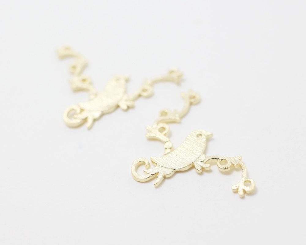 [P0231]2pcs/Bird on the Ivy Pendant/Brass/Matte Gold/24x16mm