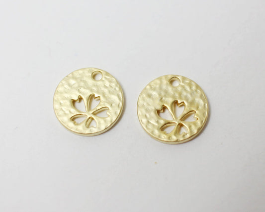 [P0270]2pcs/Hammered Circle Clover pendant/Brass/Matte Gold/11mm