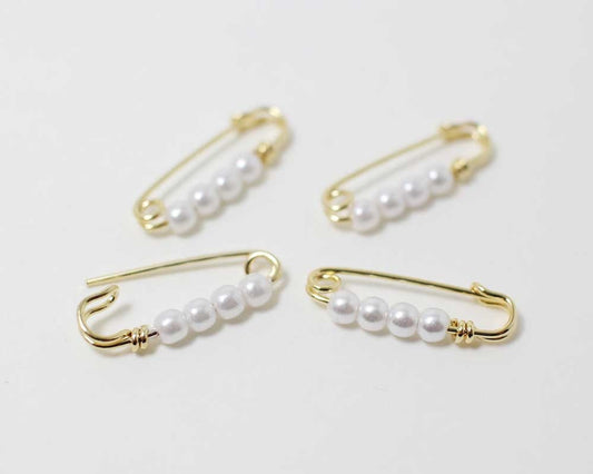 [P0290]4pcs/Safety Pin Pendant+ 4 pearls/Brass/Gold/20 x 7mm