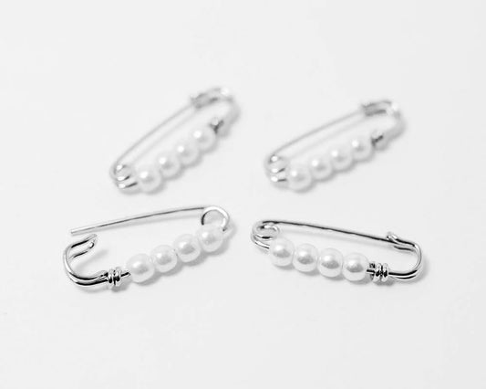 [P0290]4pcs/Safety Pin Pendant+ 4 pearls/Brass/Rhodium/20 x 7mm