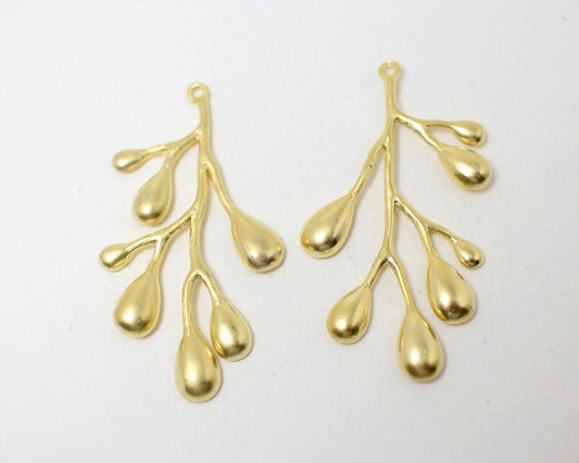 [P0304]2pcs/Scoop Sprig Pendant/Brass/Matte Gold/25x45mm