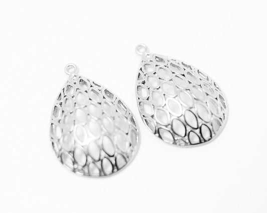 [P0314]2pcs/Netting Drop Pendant/Brass/Matte Rhodium/18x28mm