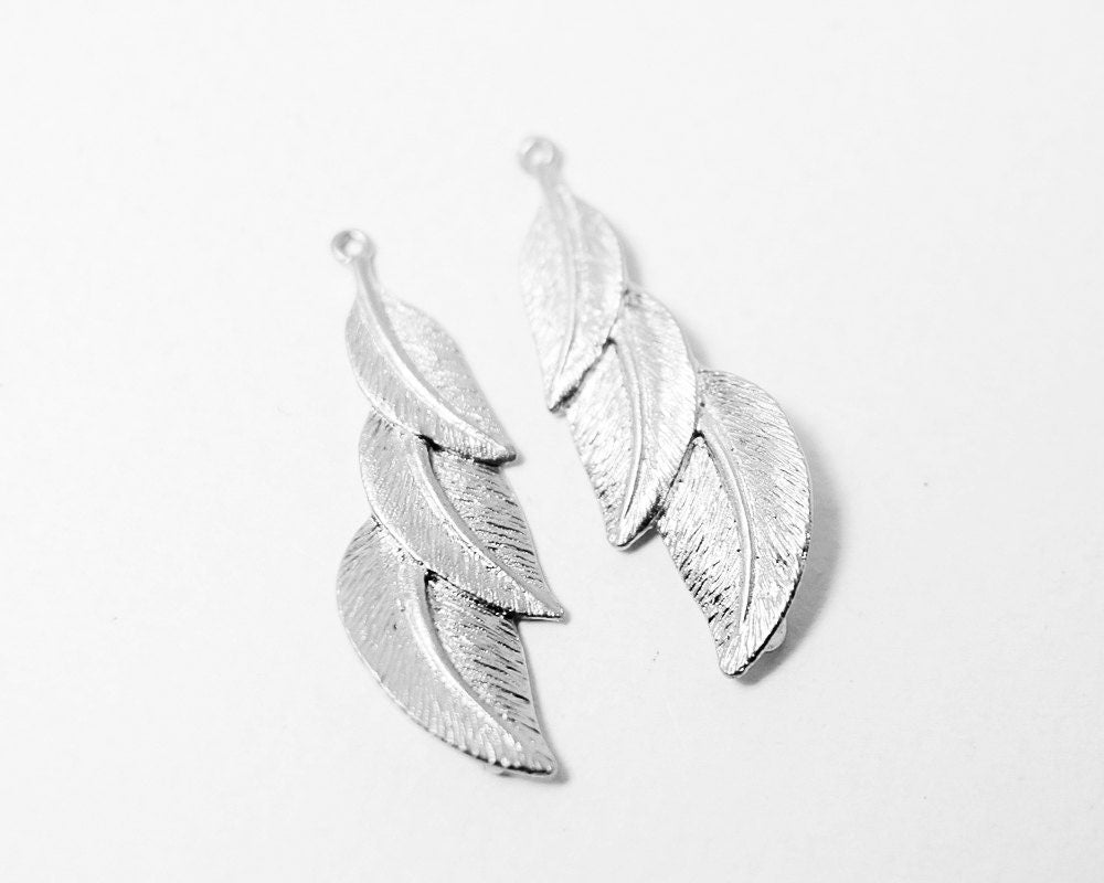 [P0327]1Pair(Left &Right)/Tree Leaves Pendant For Earrings/Brass/Matte Rhodium/11x31mm