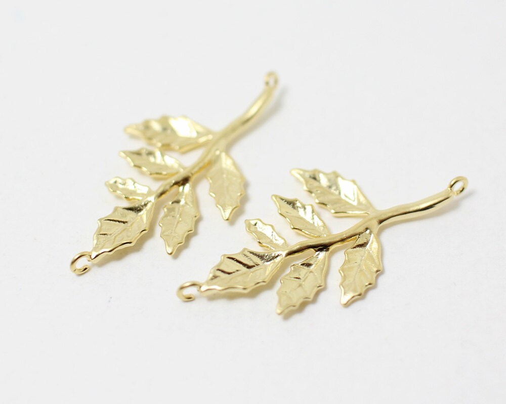 [P0329]2pcs/Leaves On Branch Pendant/Brass/Matte Gold/17x30mm