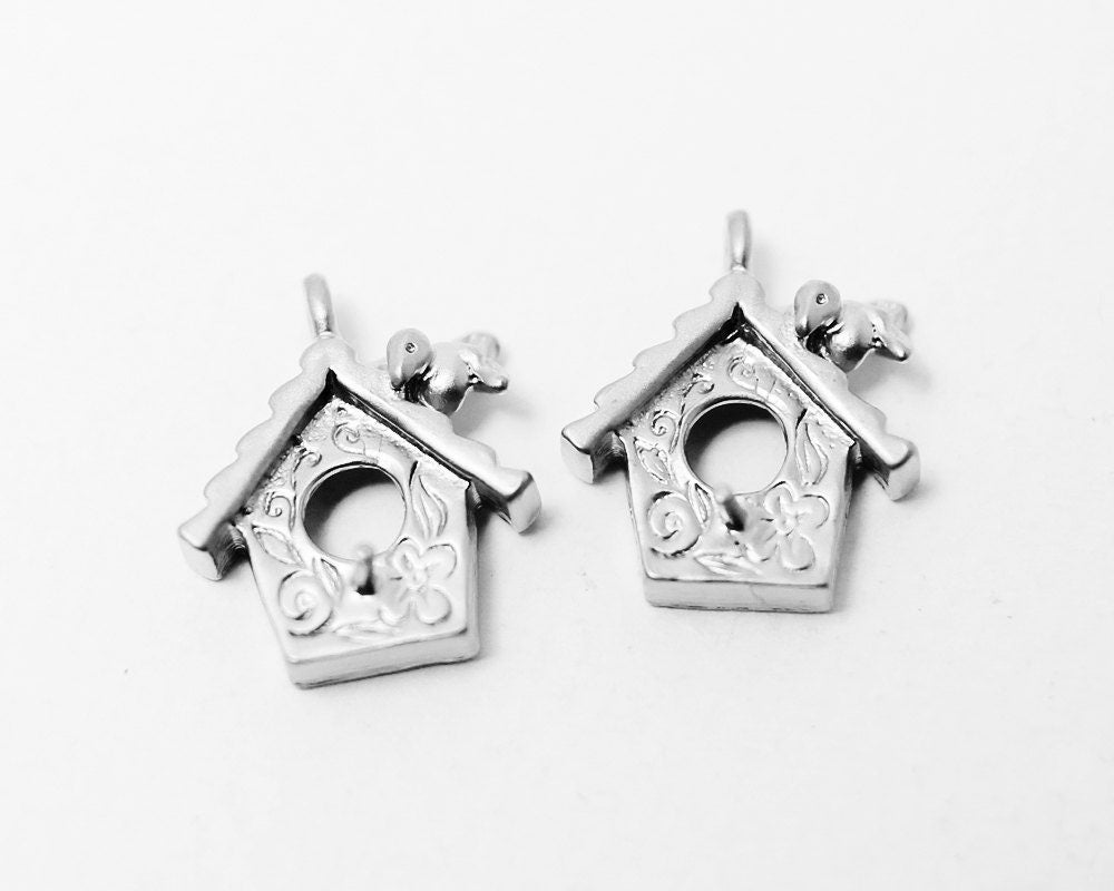 [P0347]2pcs/Bird House Pendant/Brass/Matte Rhodium/14x17mm