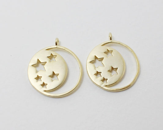 [P0379]2pcs/Moon and Star Circle Pendant/Brass/Matte Gold/15mm