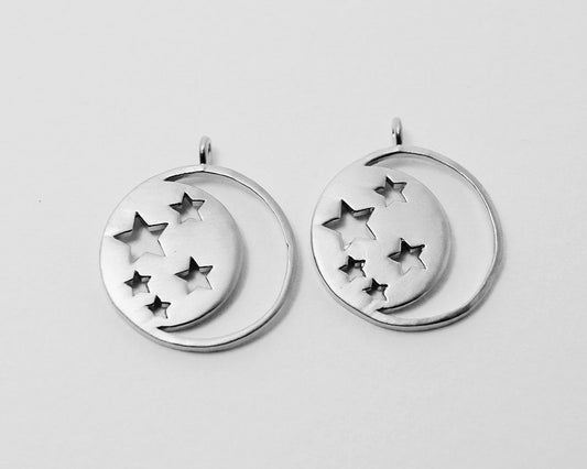 [P0379]2pcs/Moon and Star Circle Pendant/Brass/Matte Rhodium/15mm