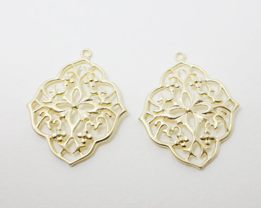 [P0386]2pcs/Flower Pattern Rhombus Pendant/Brass/Matte Gold/27x35mm