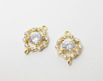 [P0403]2pcs/Cubic Zirconia Circle Connector/Brass/Gold/8.5x12.5mm