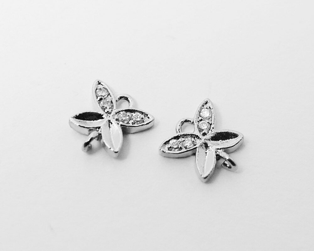 [P0404]2pcs/Cubic Zirconia Petal Connector/Brass/Rhodium/8x8mm