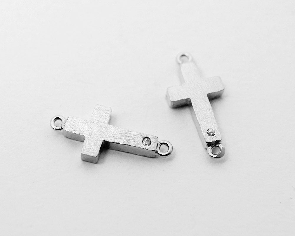 [P0405]2pcs/Cubic Zirconia Cross Connector/Brass/Rhodium/15x7mm