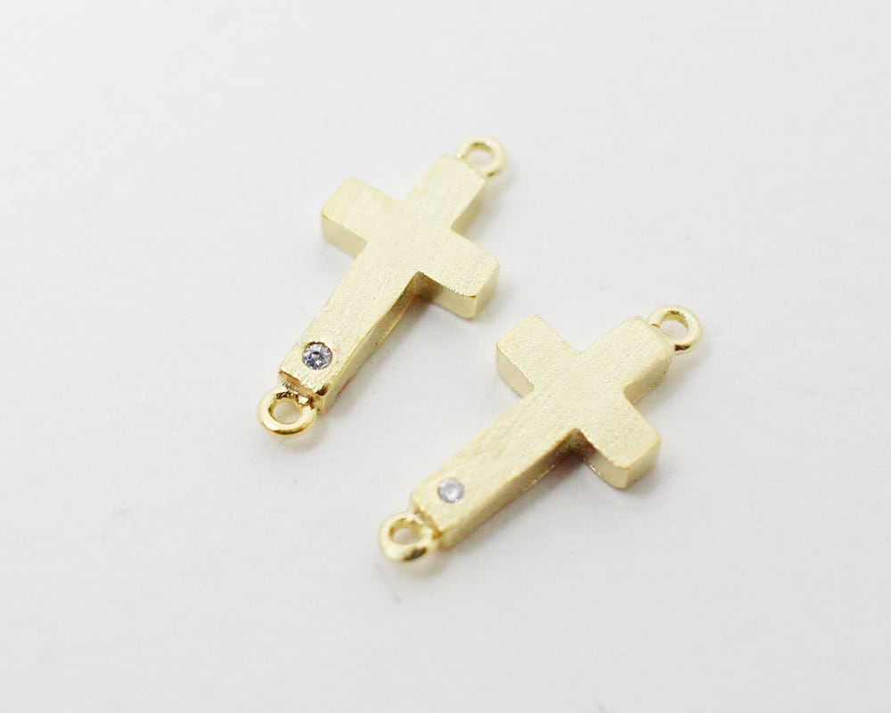 [P0405]2pcs/Cubic Zirconia Cross Connector/Brass/Gold/15x7mm