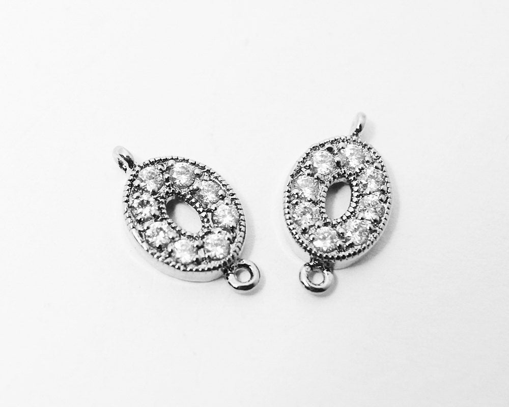 [P0409]2pcs/Cubic Zirconia Ellipse Connector/Brass/Rhodium7x13.5mm