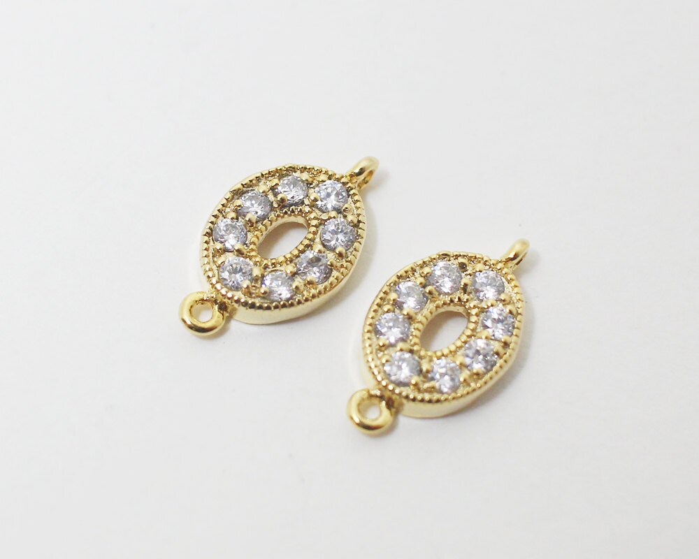 [P0409]2pcs/Cubic Zirconia Ellipse Connector/Brass/Gold/7x13.5mm