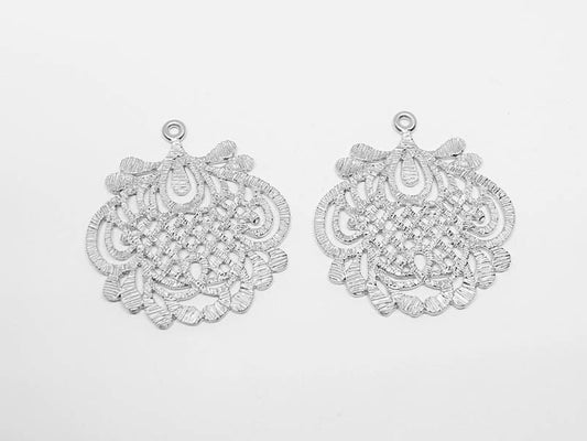 [P0486]2pcs/Filigree Pendant/Pewter/Matte Rhodium/29x31mm