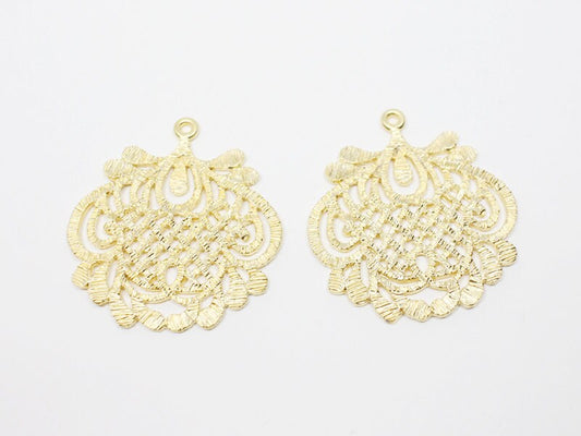 [P0486]2pcs/Filigree Pendant/Pewter/Matte Gold/29x31mm