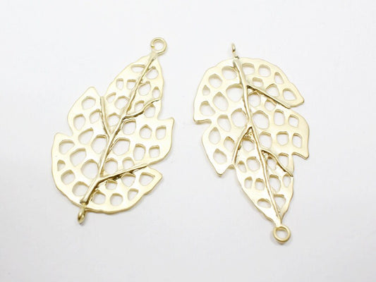 [P0497]2pcs/Dried Leaf Pendant Connector/Brass/Matte Gold/20x36mm