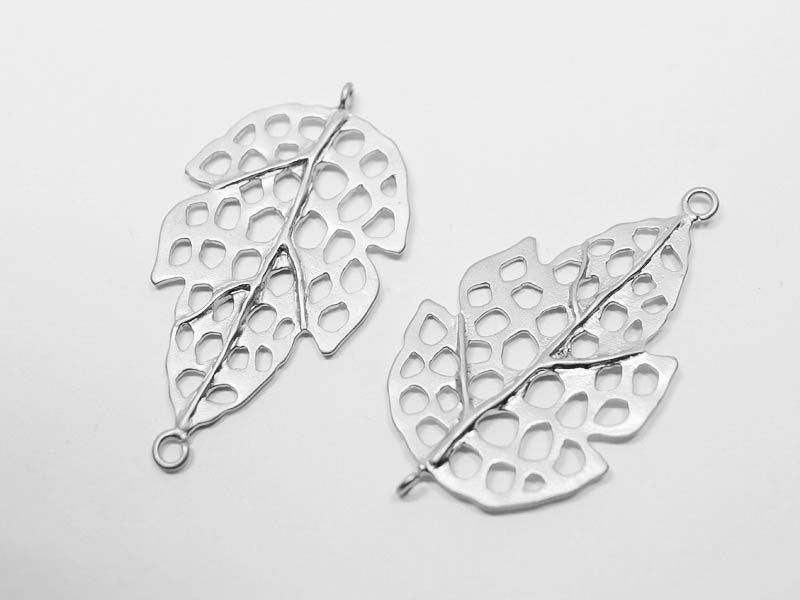 [P0497]2pcs/Dried Leaf Pendant Connector/Brass/Matte Rhodium/20x36mm