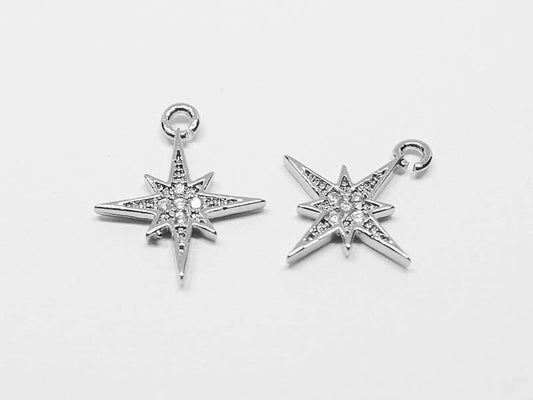 [P0511]2pcs/Cubic Shinning Star Pendant/Brass/Rhodium/12.5x14mm