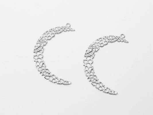 [P0527]2pcs/Large Lace Crescent Moon Pendant/Brass/Matte Rhodium/25x35mm