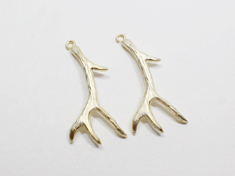 [P0553]2pcs/Antler Pendant/Brass/Matte Gold/14x26mm