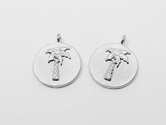 [P0608]2pcs/Embossed Carving Circle Palm Tree Pendant/Brass/Matte Rhodium/12mm