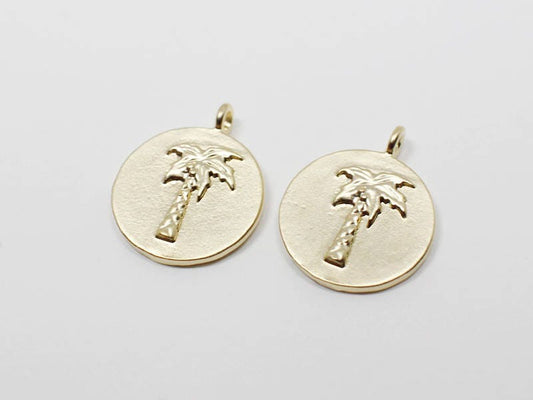 [P0608]2pcs/Embossed Carving Circle Palm Tree Pendant/Brass/Matte Gold/12mm