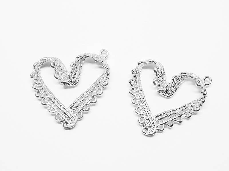 [P0617]2pcs/Lace Heart Pendant/Pewter/Matte Rhodium/32 x 36mm